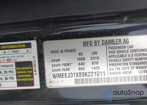 2009 Smart Fortwo Pure/Passion z USA, uszkodzony, nr VIN WMEEJ31X89K221011